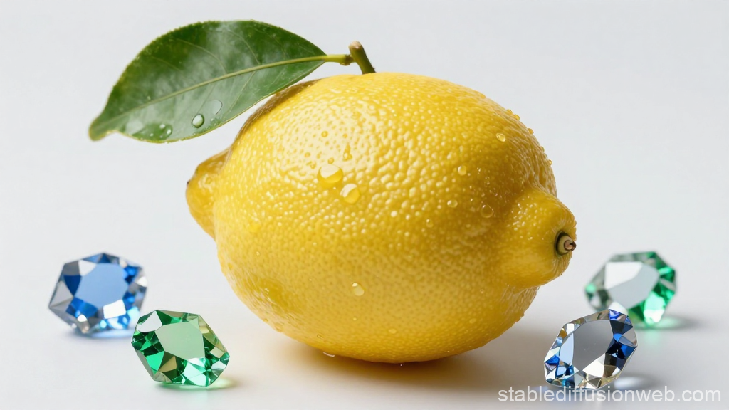 Fresh Lemon with Dew Drops and Colorful Gemstones