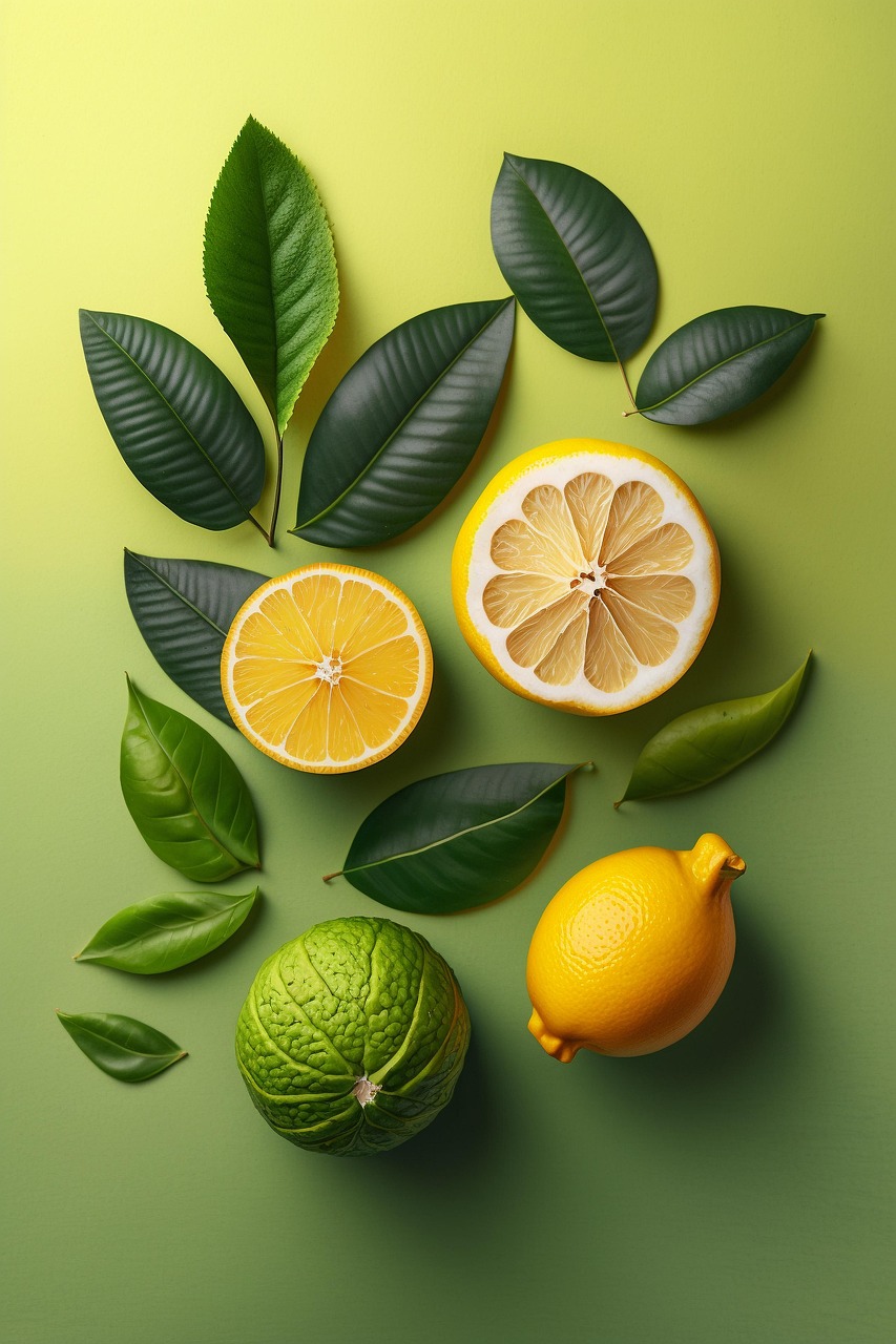 Fresh Lemons and Green Leaves on Gradient Background