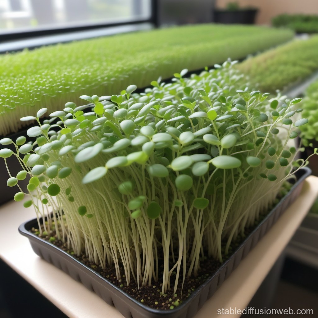 Fresh Microgreens Growing Indoors in Seedling Trays