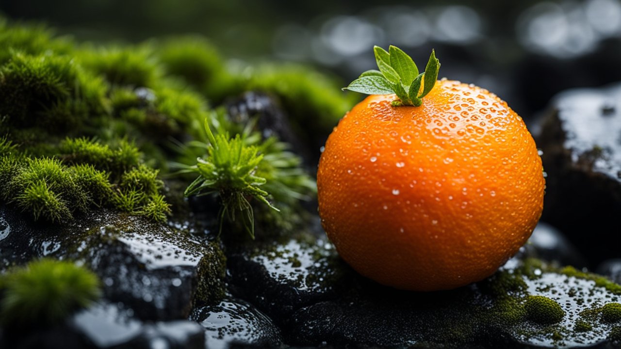 Fresh Orange with Water Droplets on Mossy Rocks