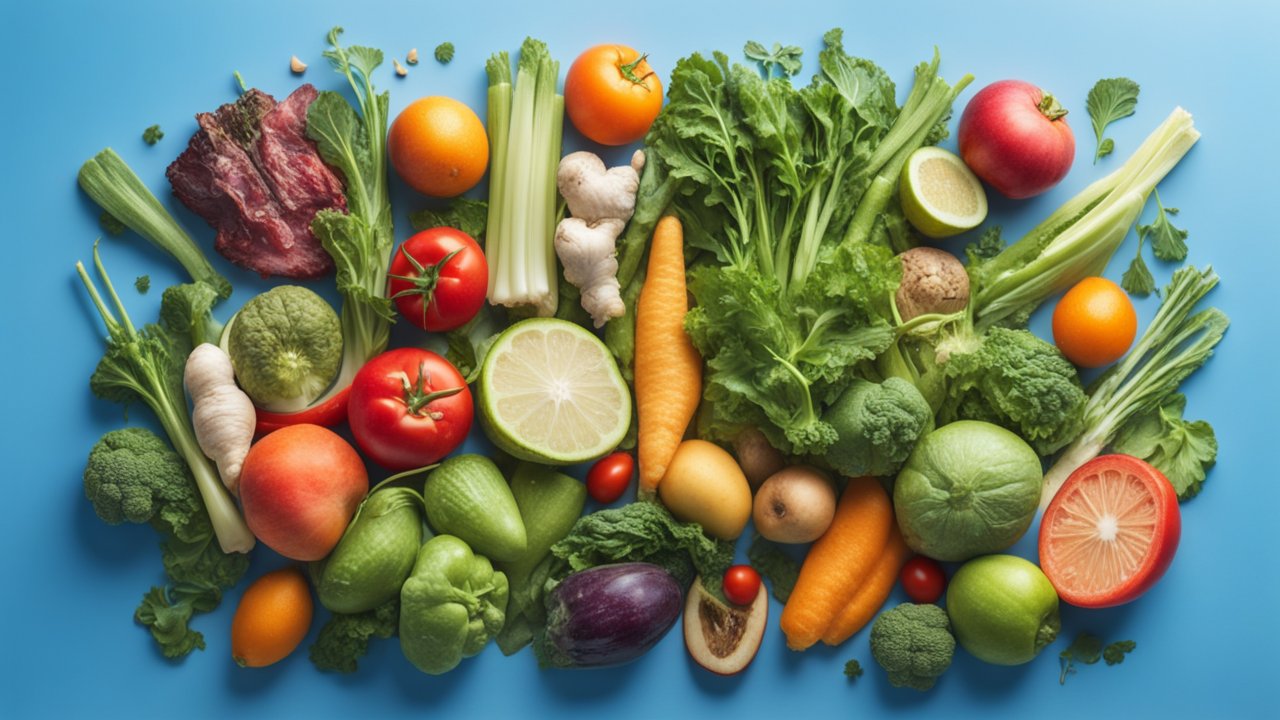Fresh Organic Vegetables and Fruits on Blue Background