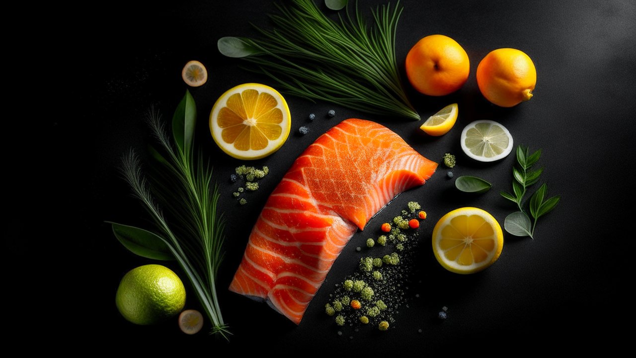 Fresh Raw Salmon Steak with Citrus and Herbs on Black Background