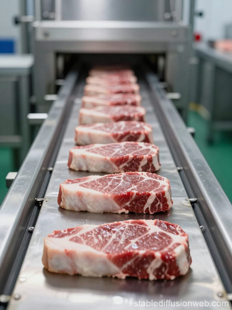 Fresh Steaks on Conveyor Belt in Meat Processing Facility