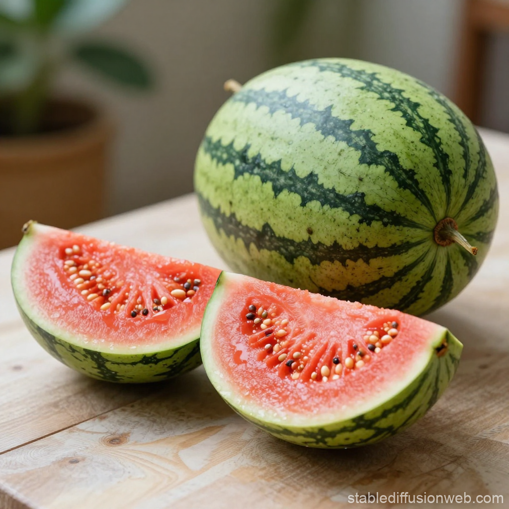 Fresh Watermelon with Slices on Wooden Table