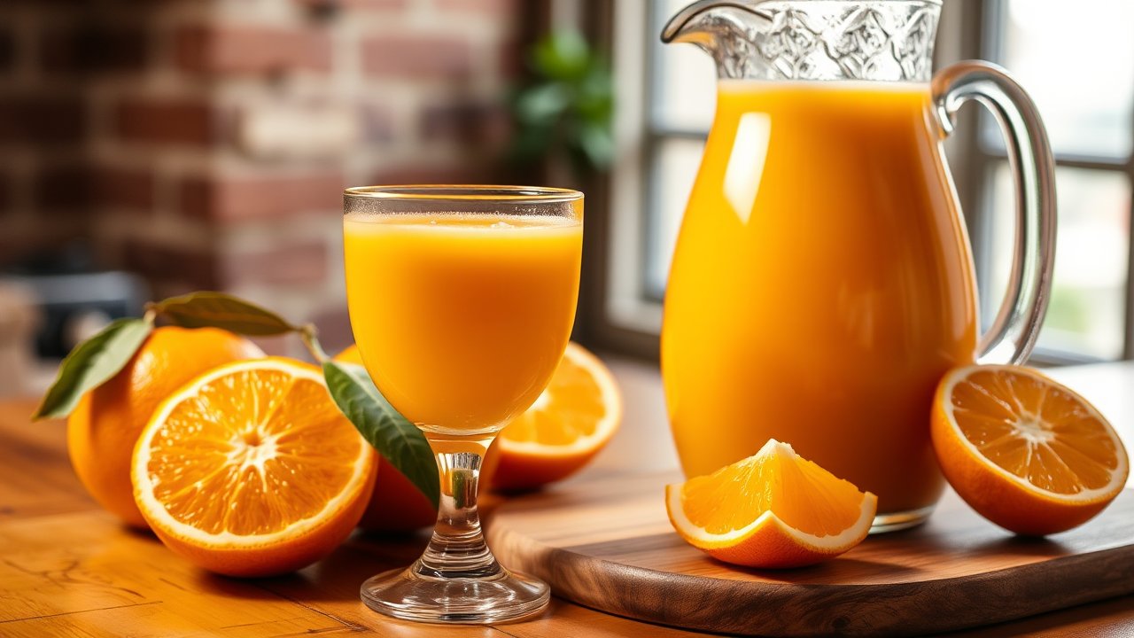 Freshly Squeezed Orange Juice in Glass and Pitcher