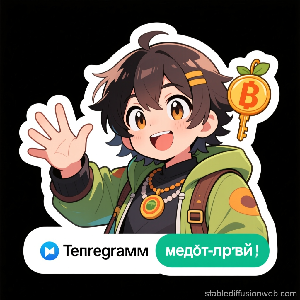 Friendly Anime Character Waving with Bitcoin Key