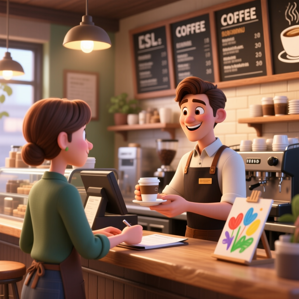 Friendly Barista Serving Coffee in Cozy ESL Coffee Shop