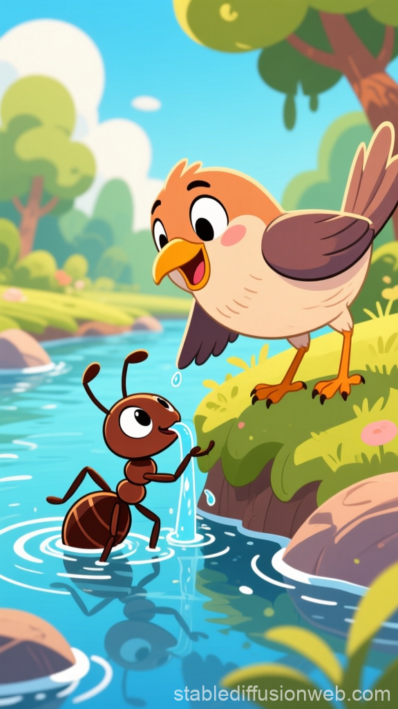 Friendly Bird and Ant by the River in Cartoon Style
