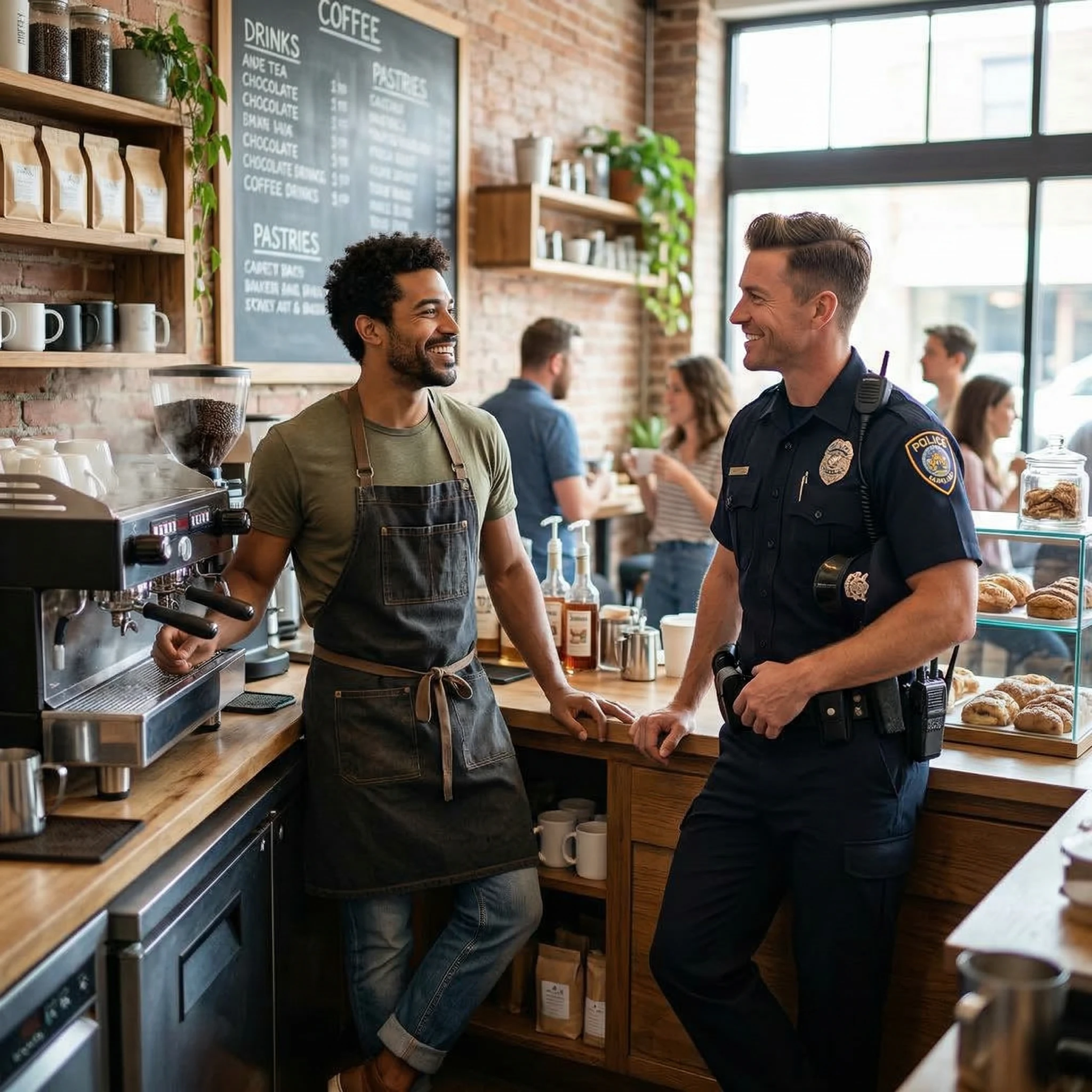 Friendly Conversation Between Barista and Police Officer in Coffee Shop