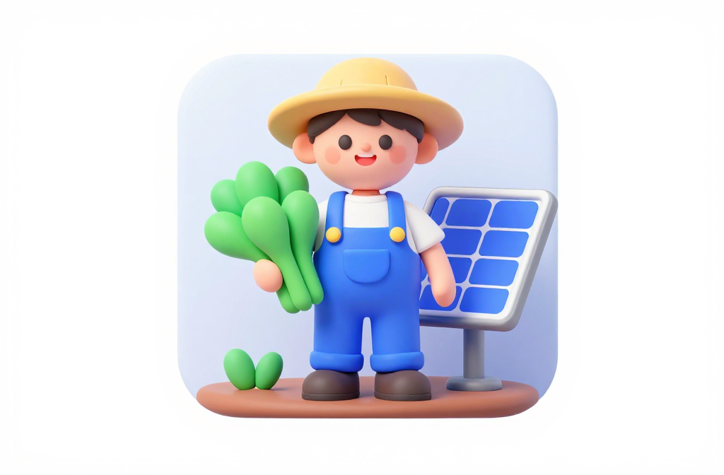 Friendly Farmer Holding Greens with Solar Panel