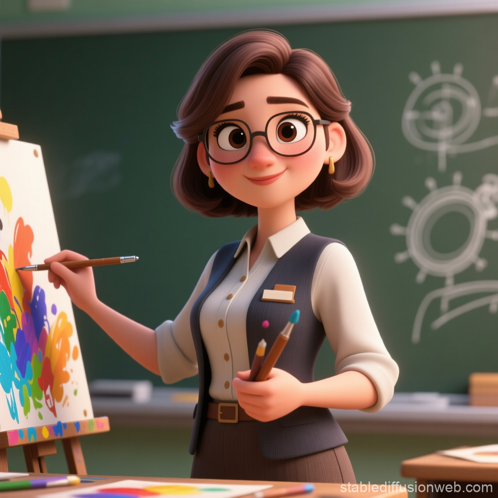 Friendly Female Art Teacher Painting in Classroom