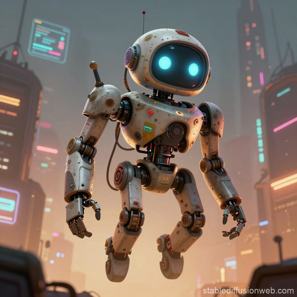 Friendly Flying Archivist Robot in Futuristic Cityscape