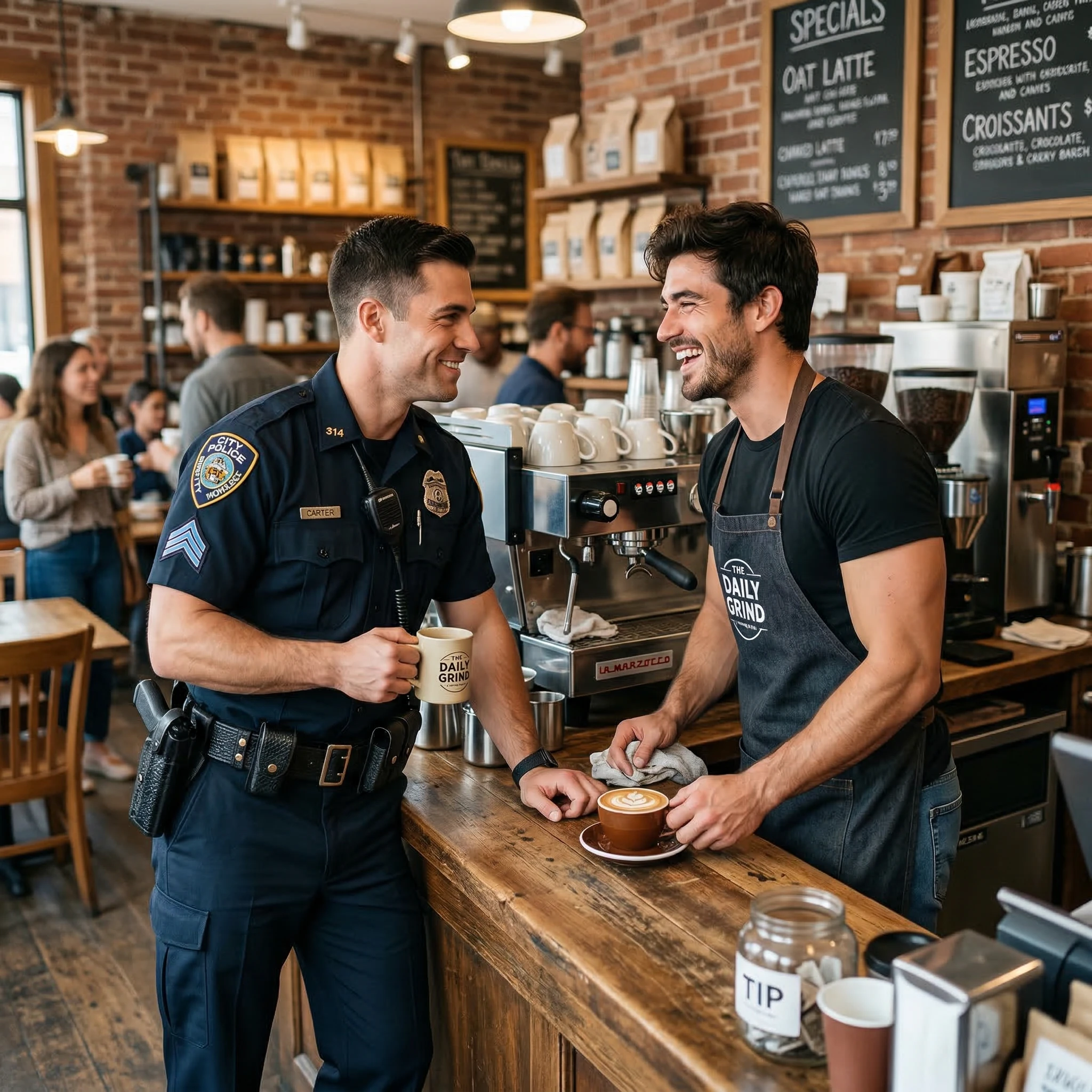 Friendly Interaction Between Police Officer and Barista in Coffee Shop