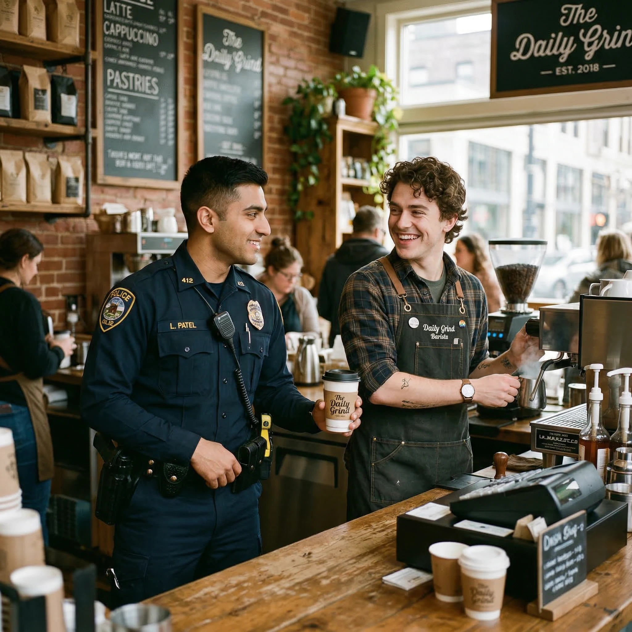Friendly Interaction Between Young Police Officer and Barista in Coffee Shop