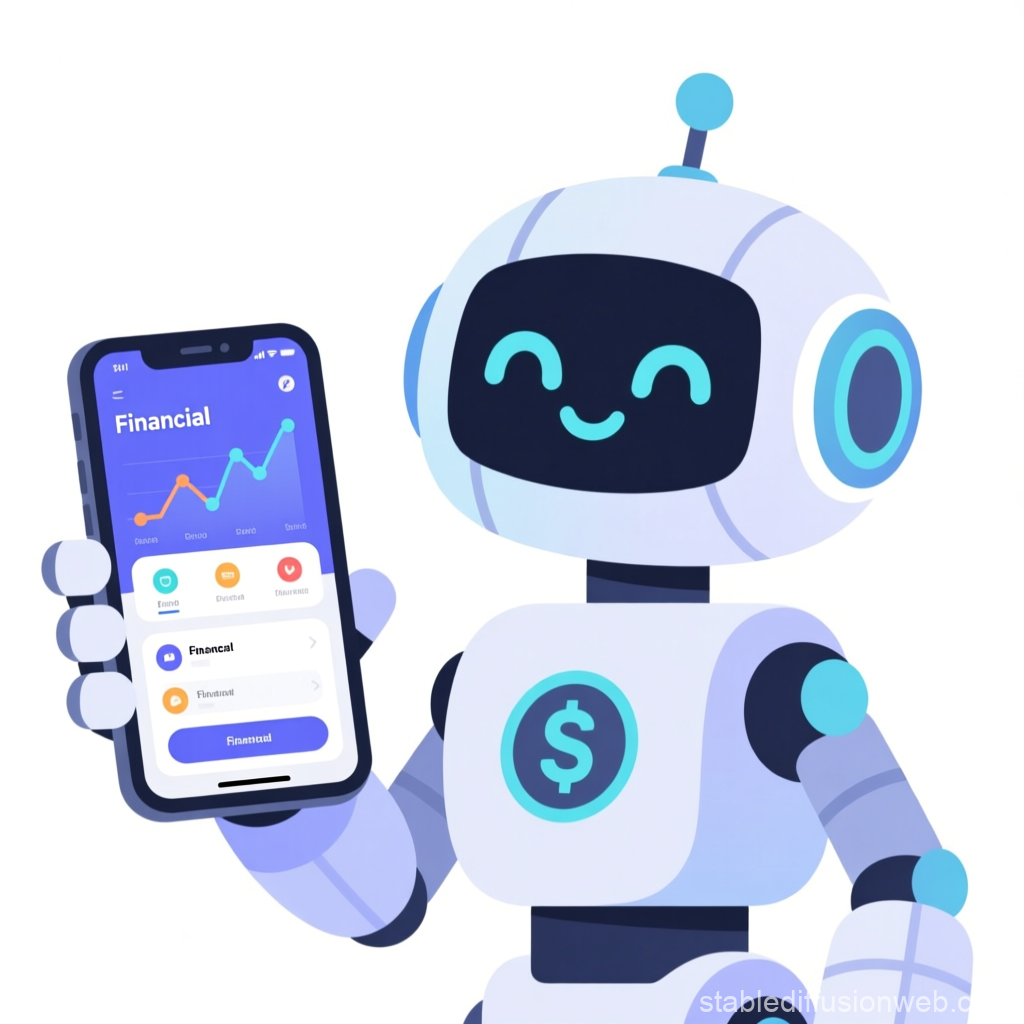 Friendly Robot Holding Smartphone with Financial App