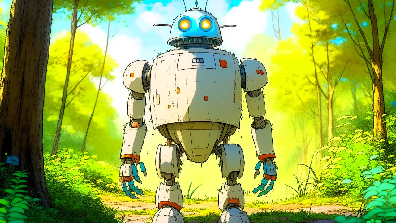 Friendly Robot in a Lush Forest Path