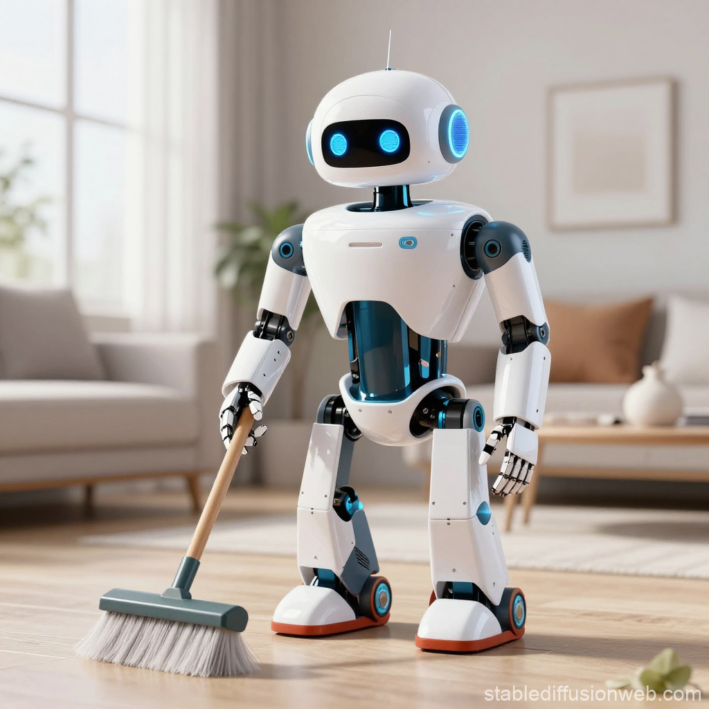 Friendly Robot Sweeping Floor in Modern Living Room