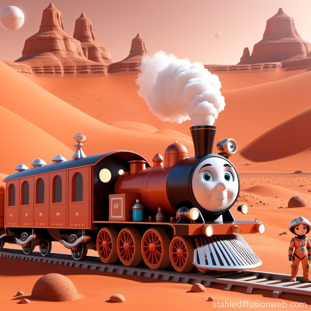 Friendly Steam Train on Alien Desert Landscape