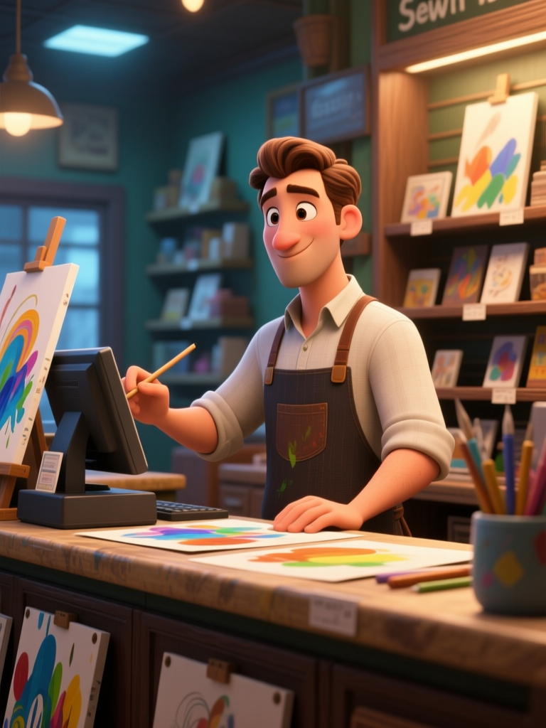 Friendly Store Owner Painting at Art Shop Counter