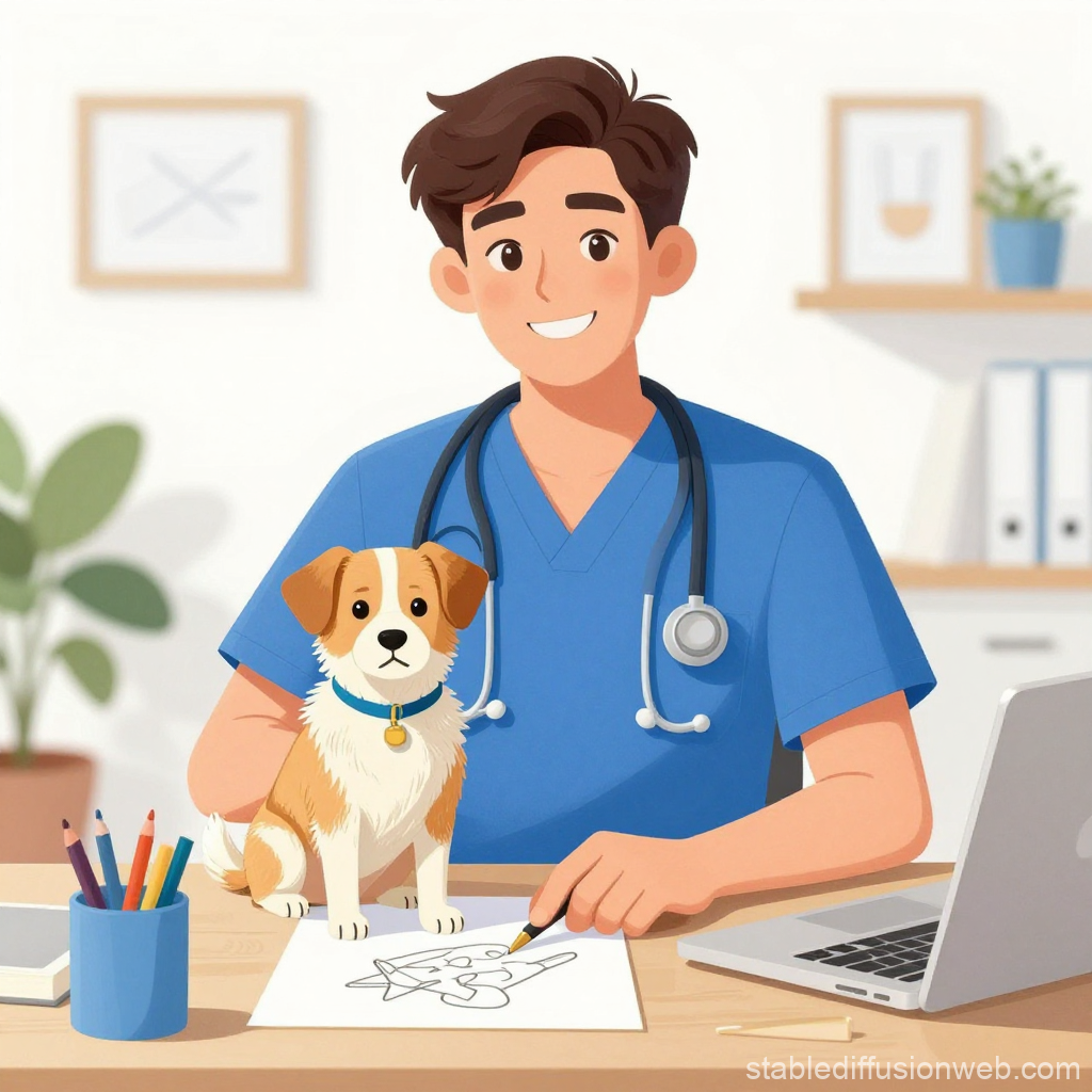 Friendly Veterinarian Drawing with Puppy in Clinic