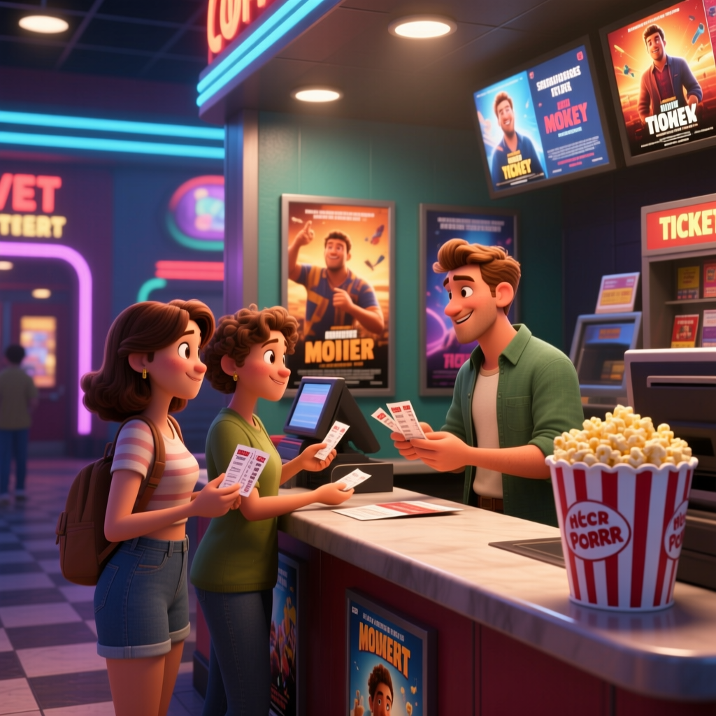 Friends Buying Movie Tickets at Theater Counter