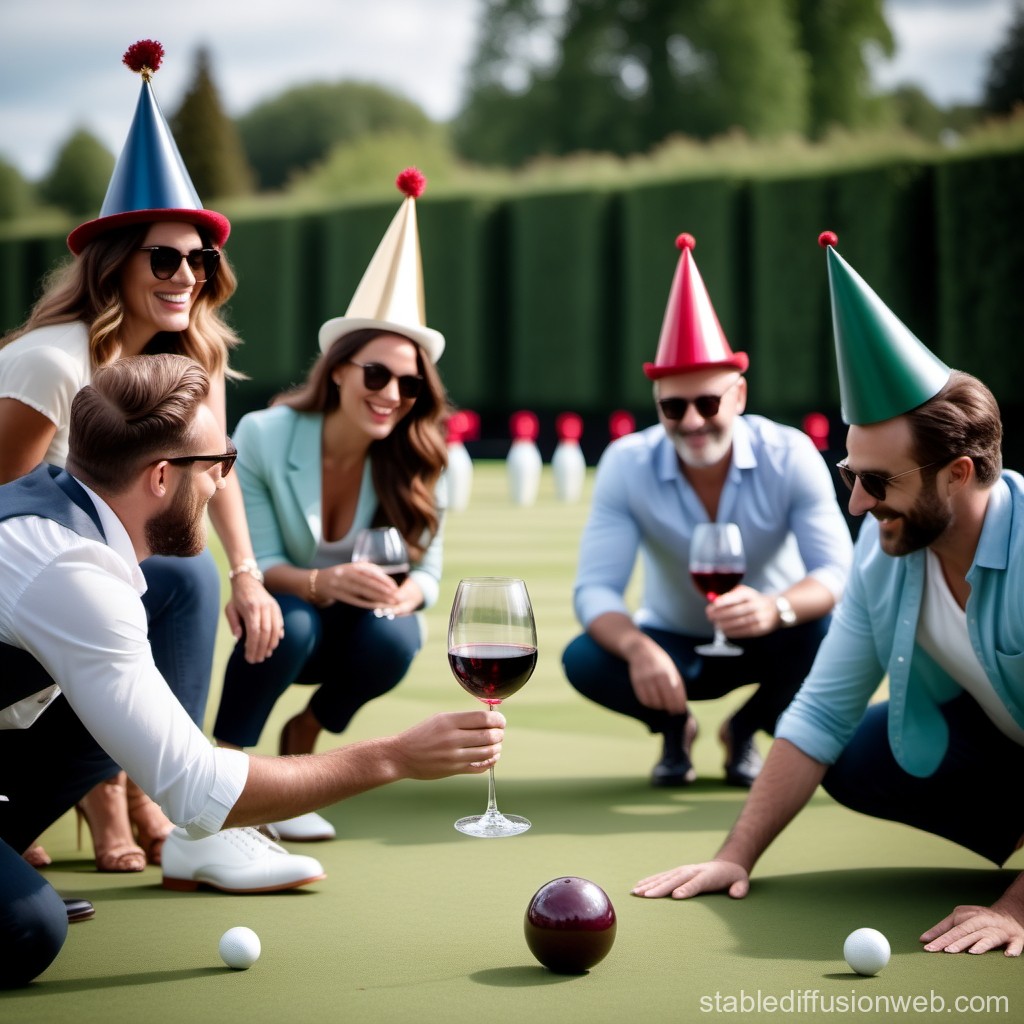 Friends Enjoying Lawn Bowling with Wine and Party Hats