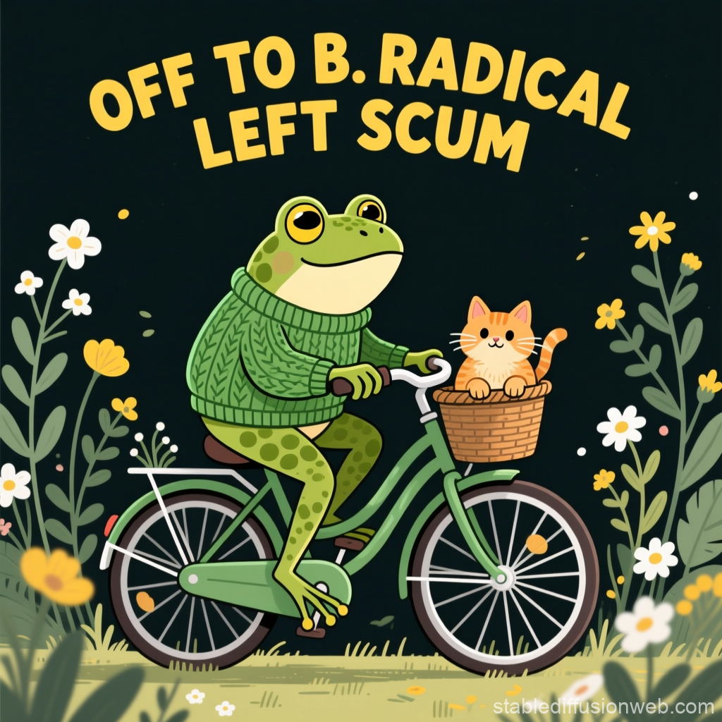 Frog in Sweater Riding Bike with Cat in Basket