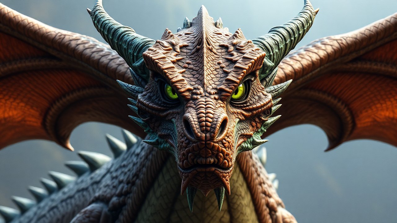 Front-Faced Realistic Dragon with Intense Green Eyes