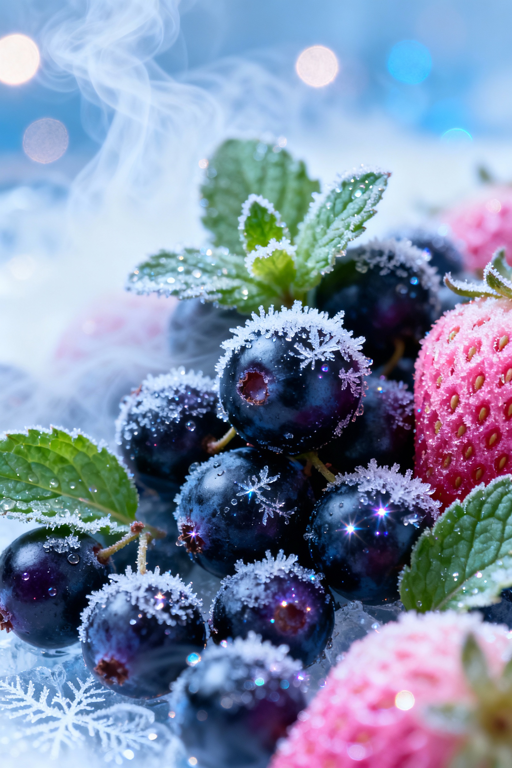 Frosted Berries with Mint Leaves in Winter Chill