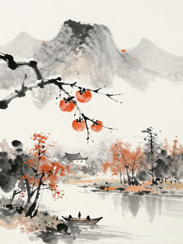 Frosty Autumn Ink Landscape with Persimmons