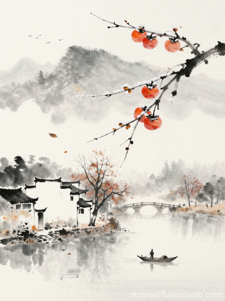 Frosty Autumn Zen Landscape with Persimmons and River Boat