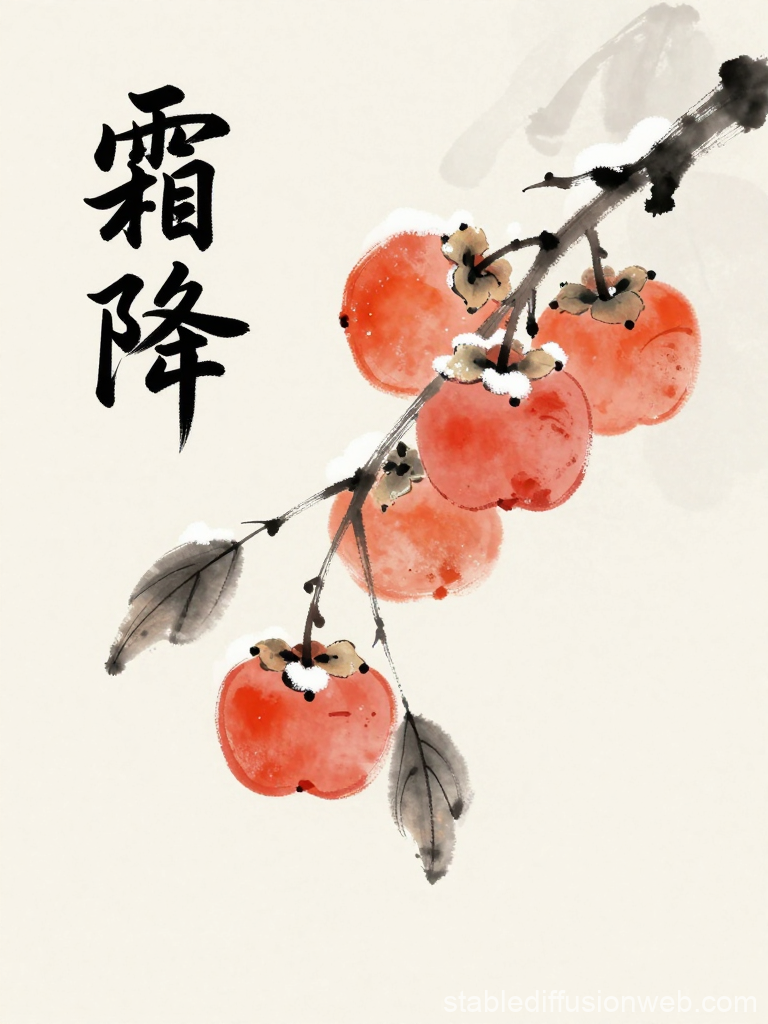Frosty Persimmon Branch in Traditional Chinese Ink Style