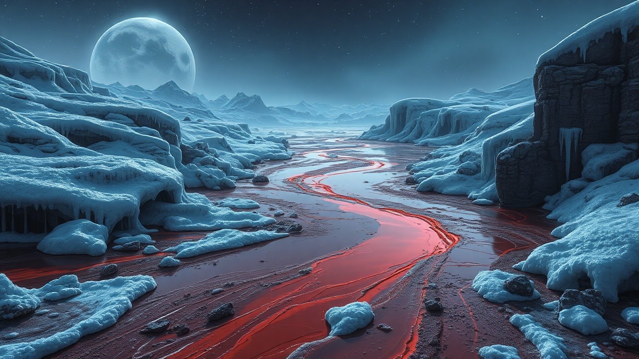 Frozen Landscape with Glowing Red River Under Full Moon
