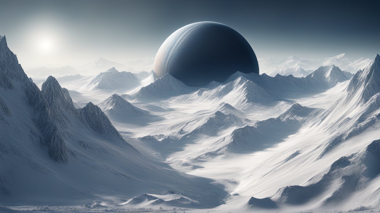 Frozen Mountain Landscape with Giant Exoplanet