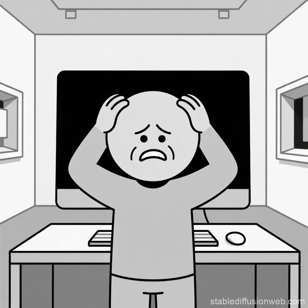 Frustrated Character Holding Head in Front of Monitor