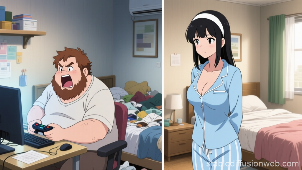 Frustrated Gamer and Calm Woman in Separate Rooms