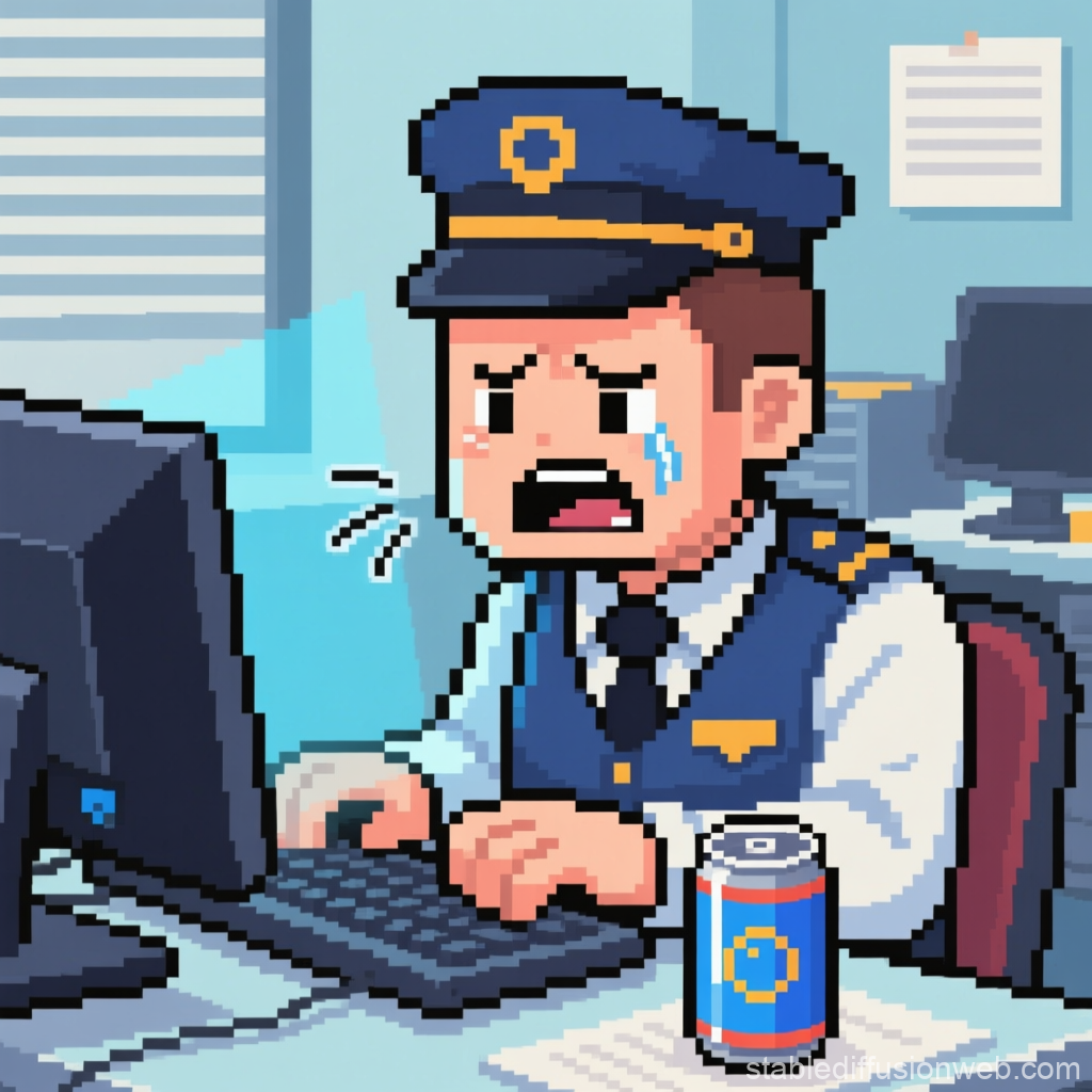 Frustrated Police Officer Typing at Office Desk in Pixel Art