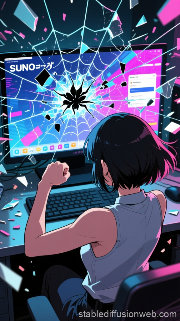 Frustrated Woman Punching Cracked Computer Monitor