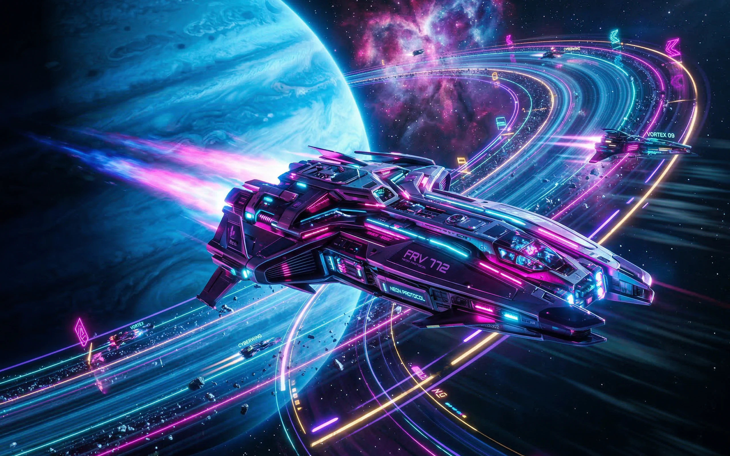 FRV 772 Starship Racing Through Neon Space Track