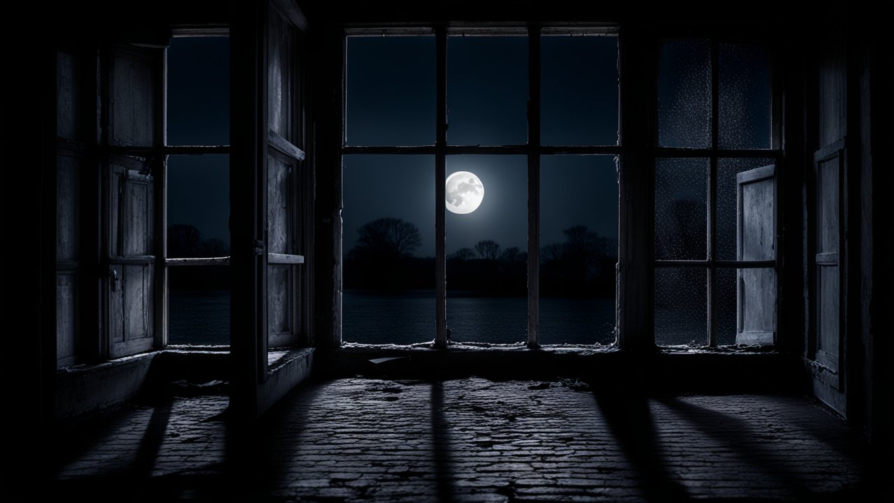 Full Moon Night Viewed Through Old Window