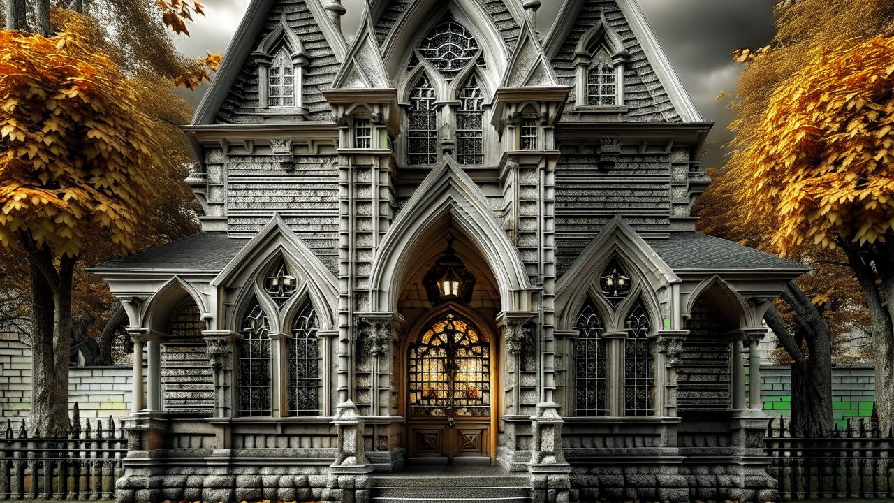 Full-Sized Gothic Church with Autumn Foliage