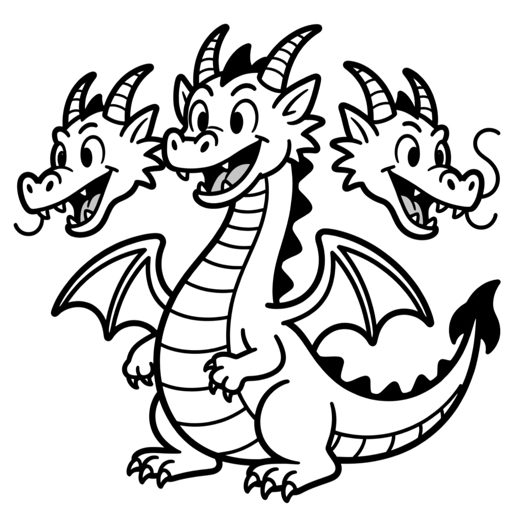 Funny Three-Headed Dragon Cartoon Outline