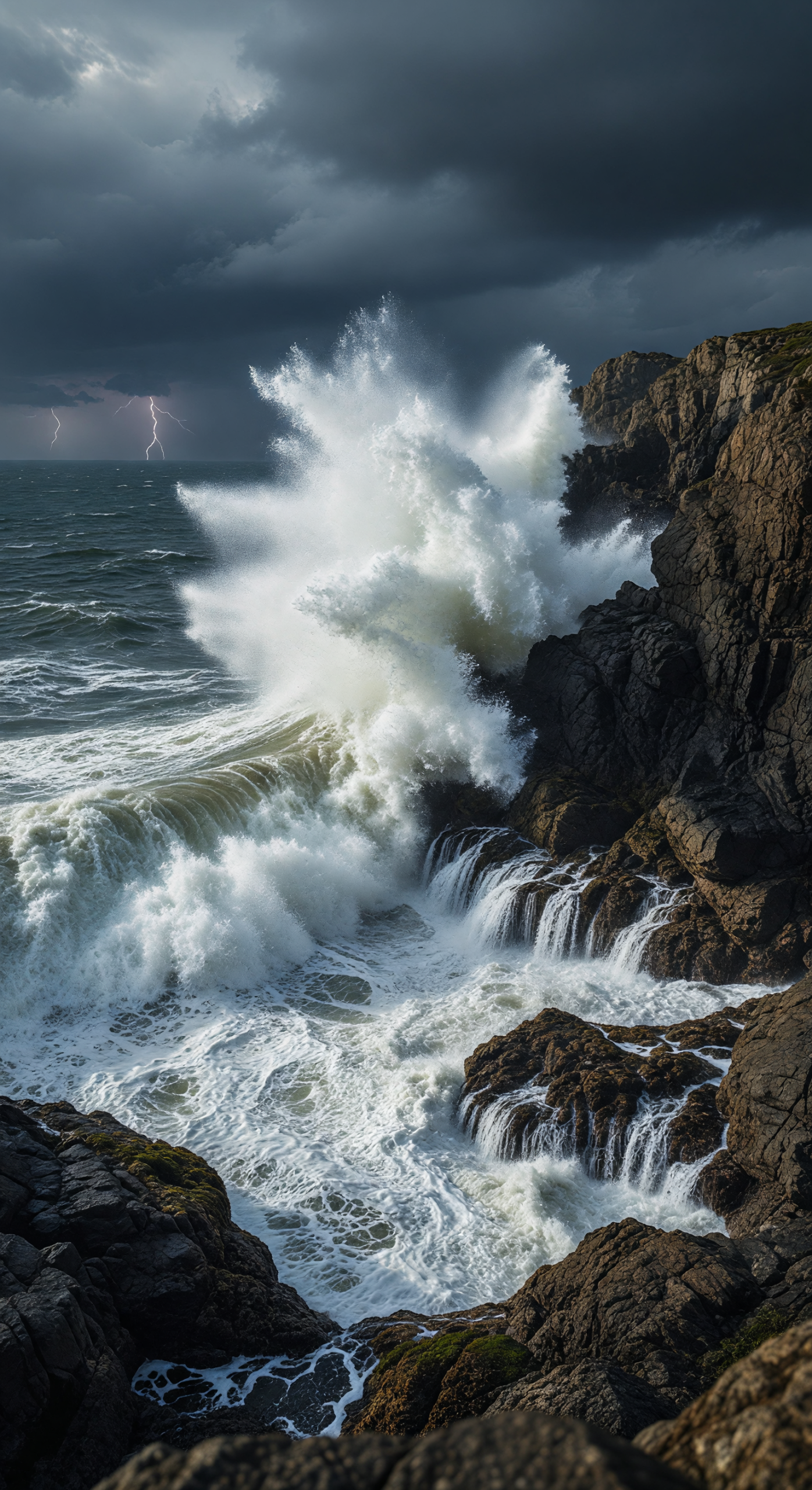 Fury of Storm Waves Crashing Against Rocky Coast