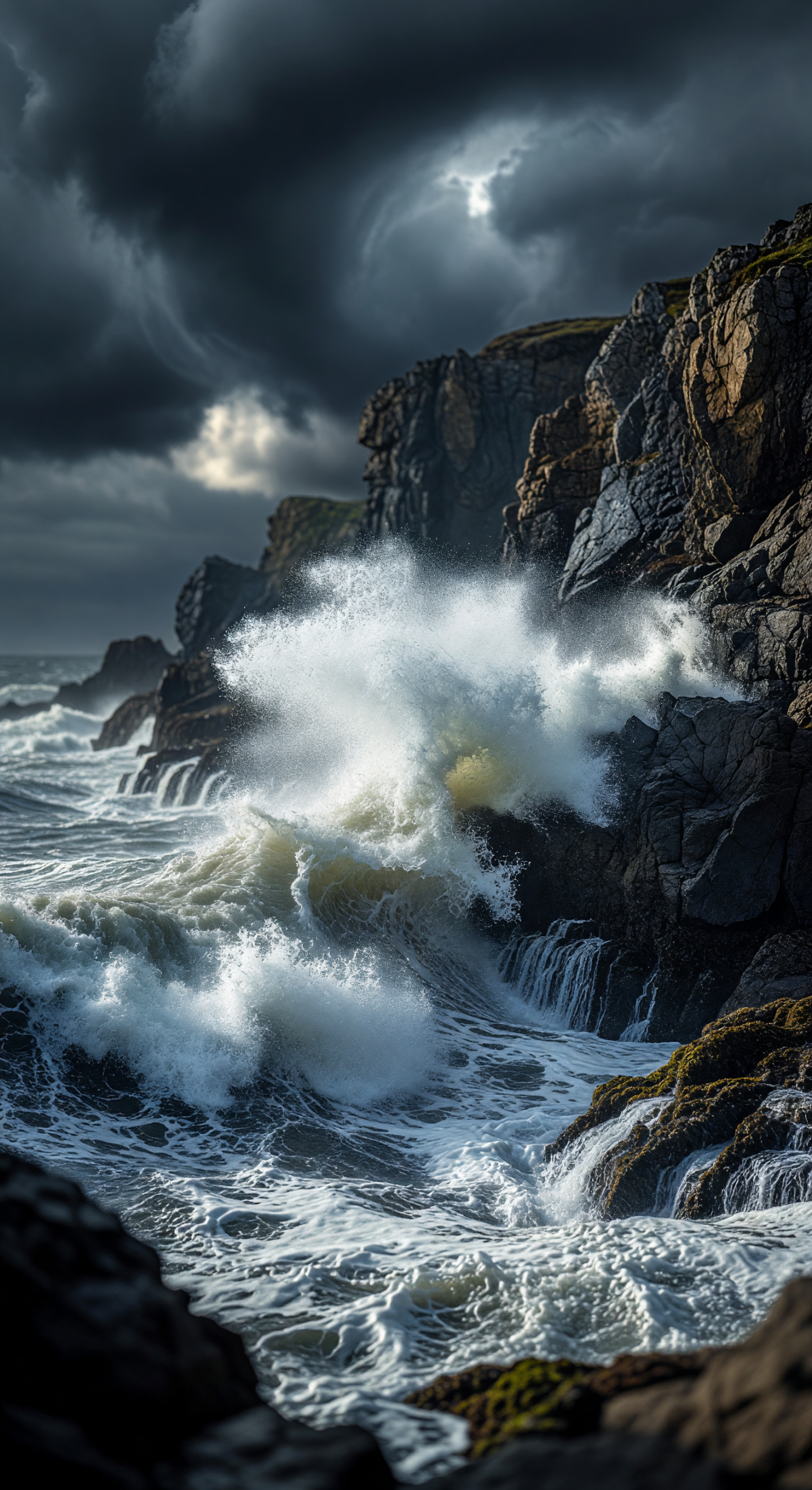 Fury of Storm Waves Crashing on Rocky Cliffs