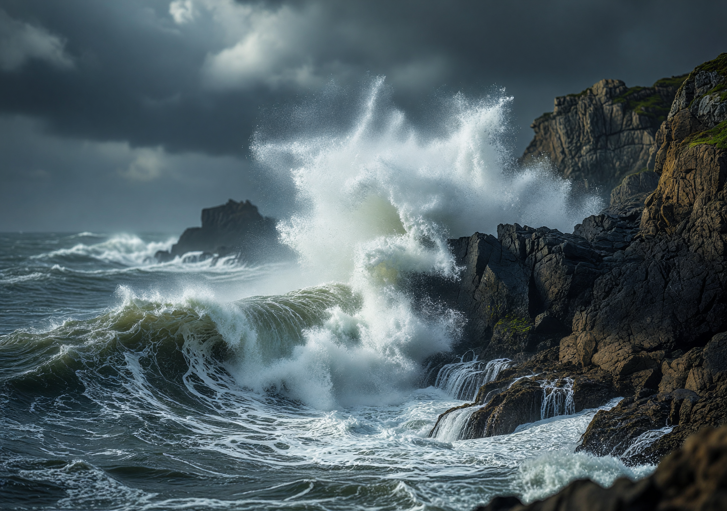 Fury of Stormy Waves Crashing Against Rocky Coast