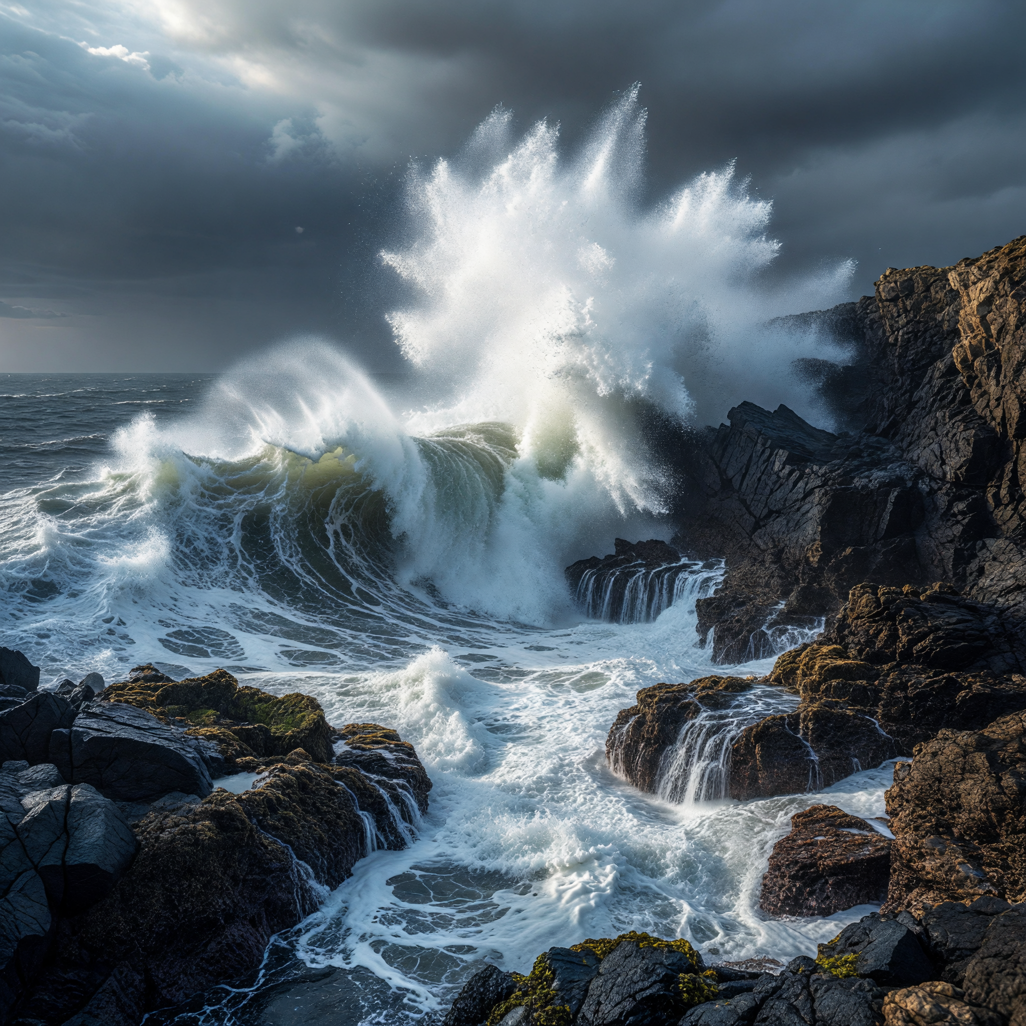 Fury of Stormy Waves Crashing on Rocky Cliffs