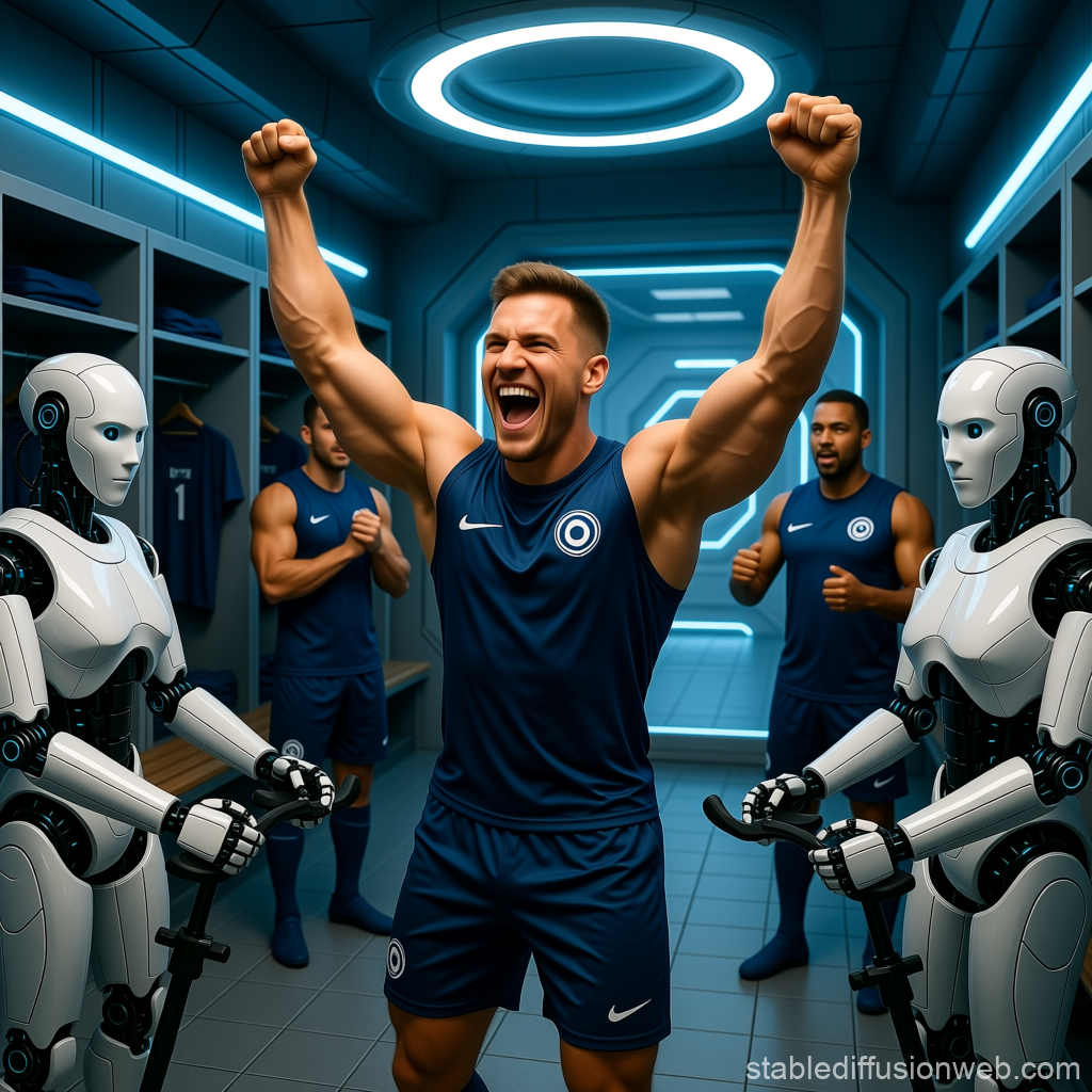 Future Athletes Celebrate Victory in Futuristic Locker Room
