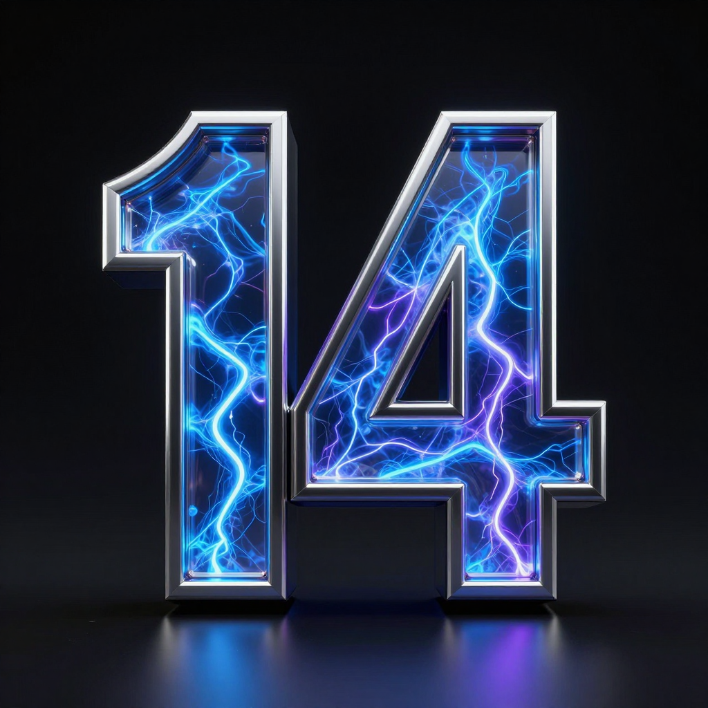 Futuristic 3D Number 14 with Electric Blue Lightning