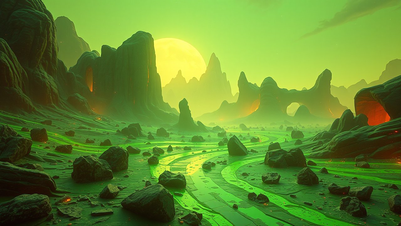 Futuristic Acid-Covered Alien Landscape with Glowing Green Terrain