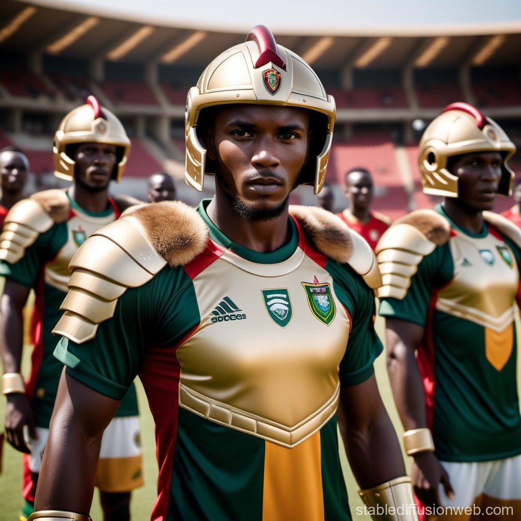 Futuristic African Warriors in Sports Armor on Stadium Field